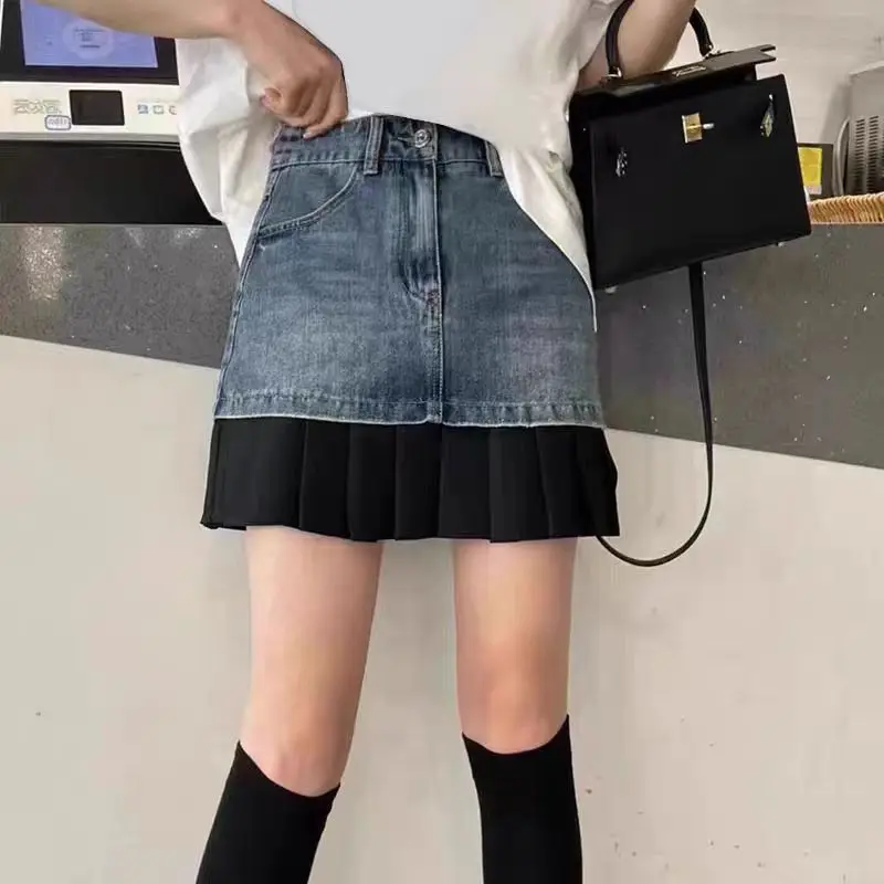 In Stock Anti-Exposure Skirt New European Goods Design Stitching Denim Contrast Color Pleated A- line Skirt Women