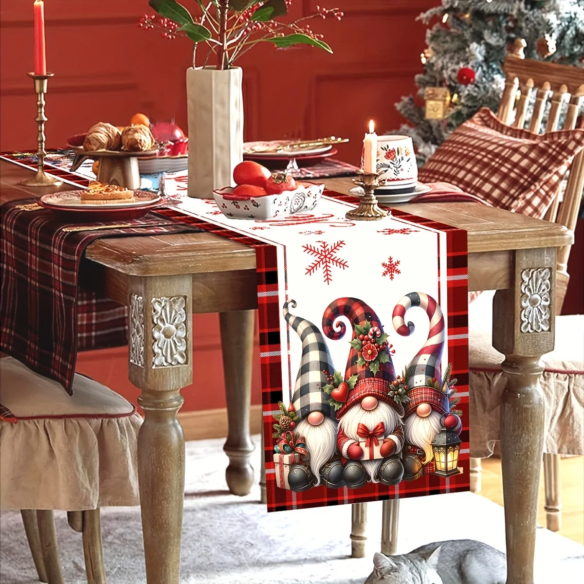 

Table Runner Christmas Flat Print - Themed Design & "Merry Christmas", Ideal for Christmas Family Gathering Table Decoration