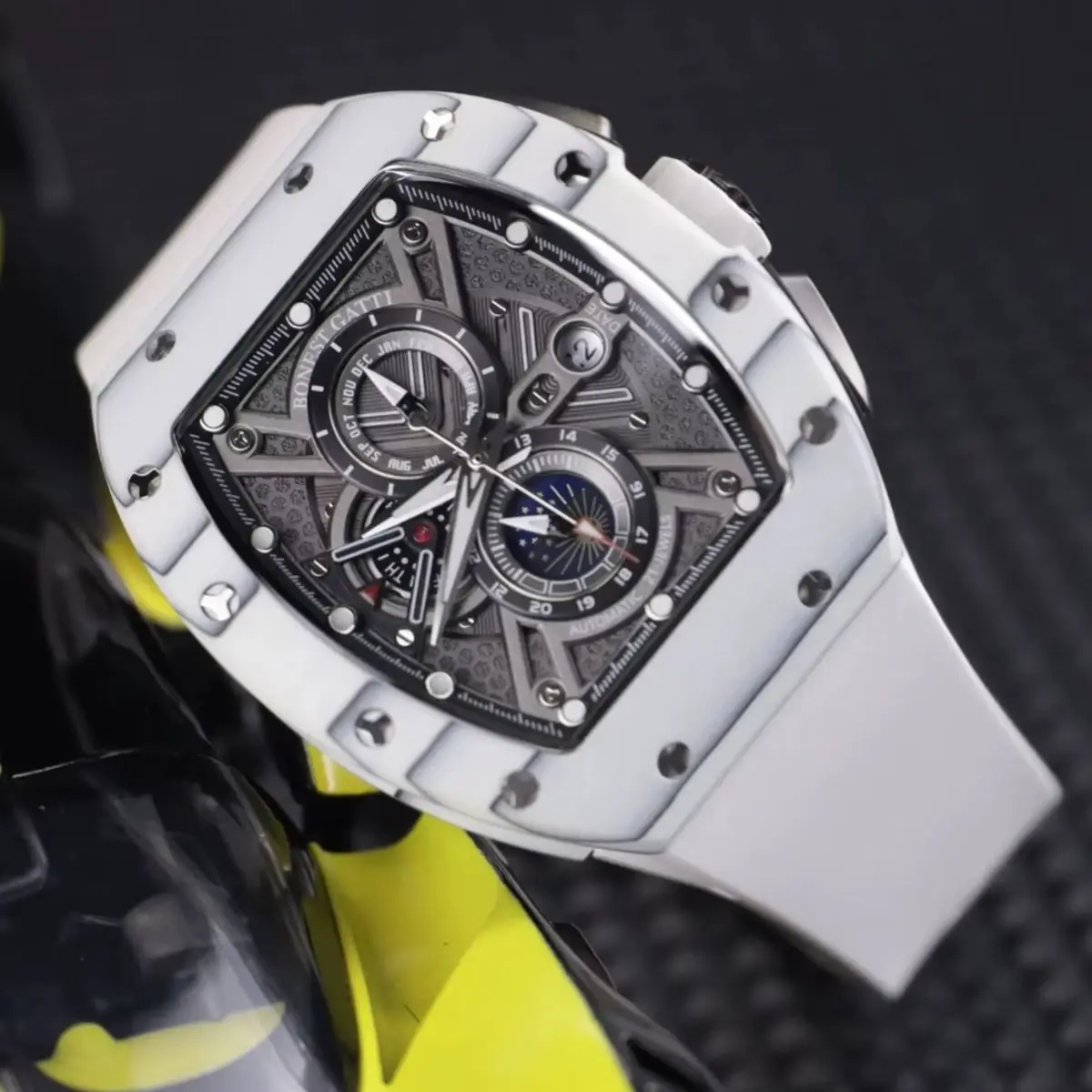 BONEST GATTI Men Automatic Watch Tonneau Mechanical Wristwatch Carbon Fiber Sapphire Mirror Luminous Month Week Date 24 Hours