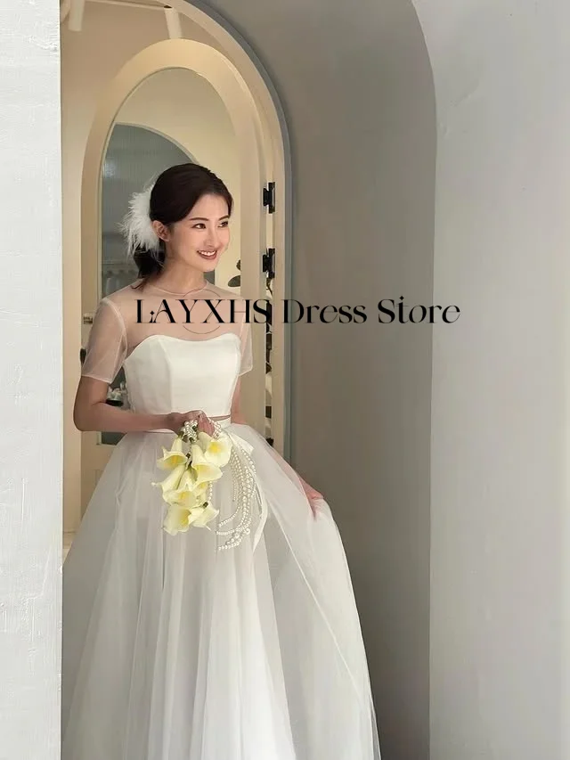 Semplici abiti da sposa coreani in 2 pezzi A-Line O-Collo con maniche corte in tulle di seta Abiti da sposa personalizzati Garona