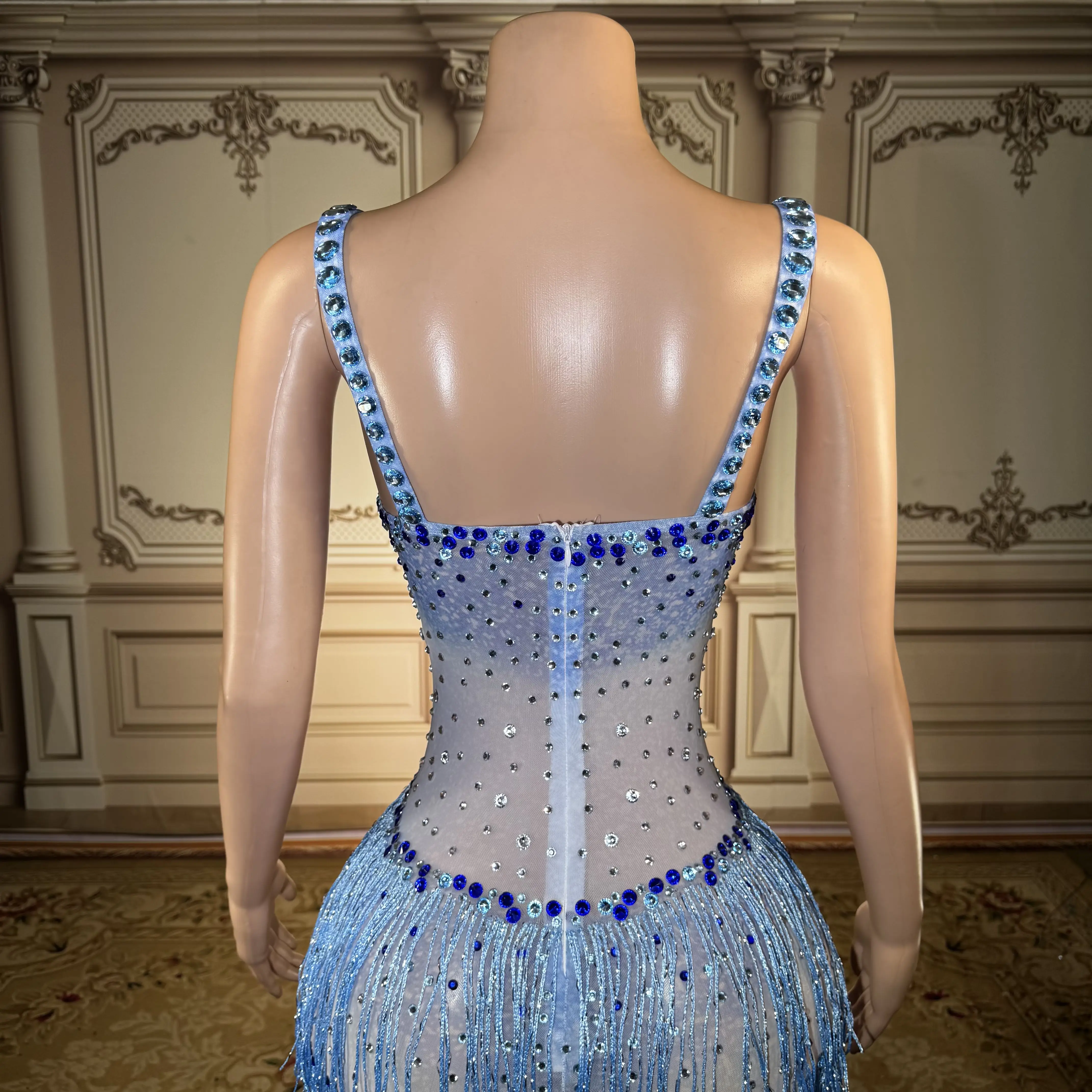ZD Luxuriöses blaues Strass-Abendkleid mit Fransen für Damen – elegantes Quasten-Kristallkleid, sexy Party-Performance, langes Kleid 2025
