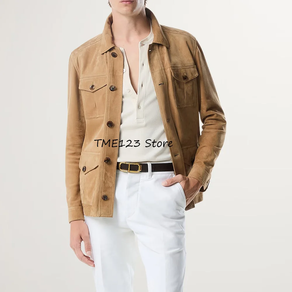 

Мужские куртки высокого качества с четырьмя карманами, мужское социальное пальто, повседневный костюм с лацканами, однобортный замшевый тканевый городской пиджак, модные