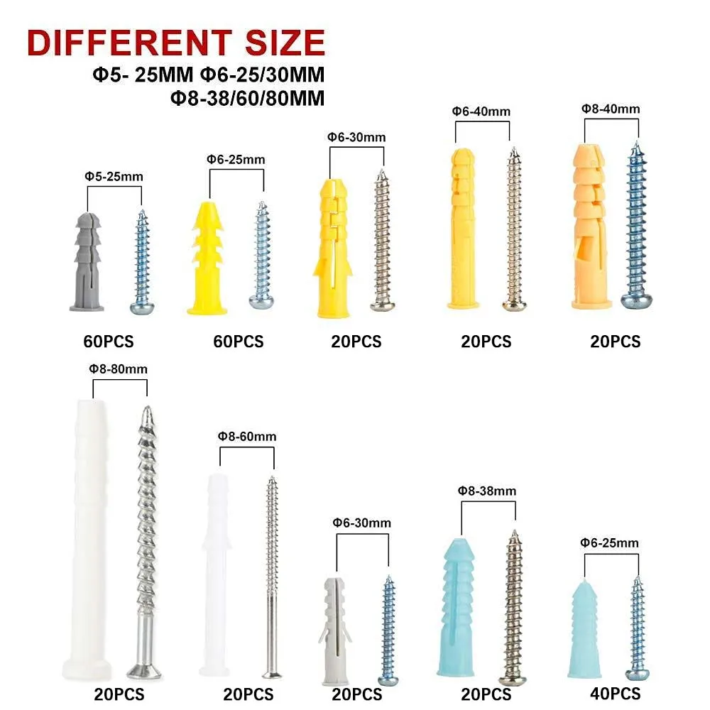 300PCS Drywall Anchors and Screws Assortment Kit , Plastic Wall Anchors and Philips Flat Head Screws and Wall Plug Bolts