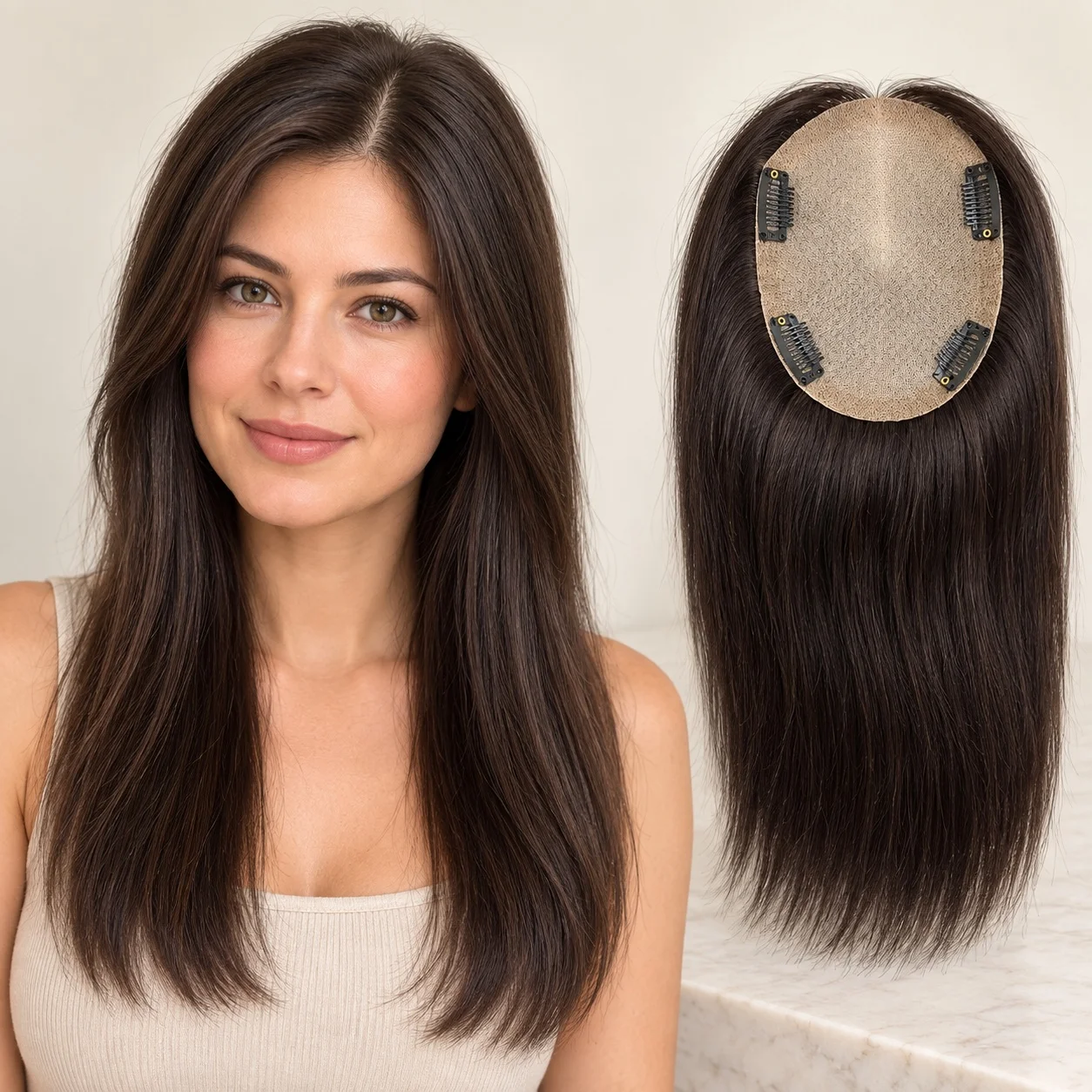 16 Inch Human Hair Topper with Silk Base Clip-In 13x15cm Easy to Use Hair Loss Solution for Fullness And Volume