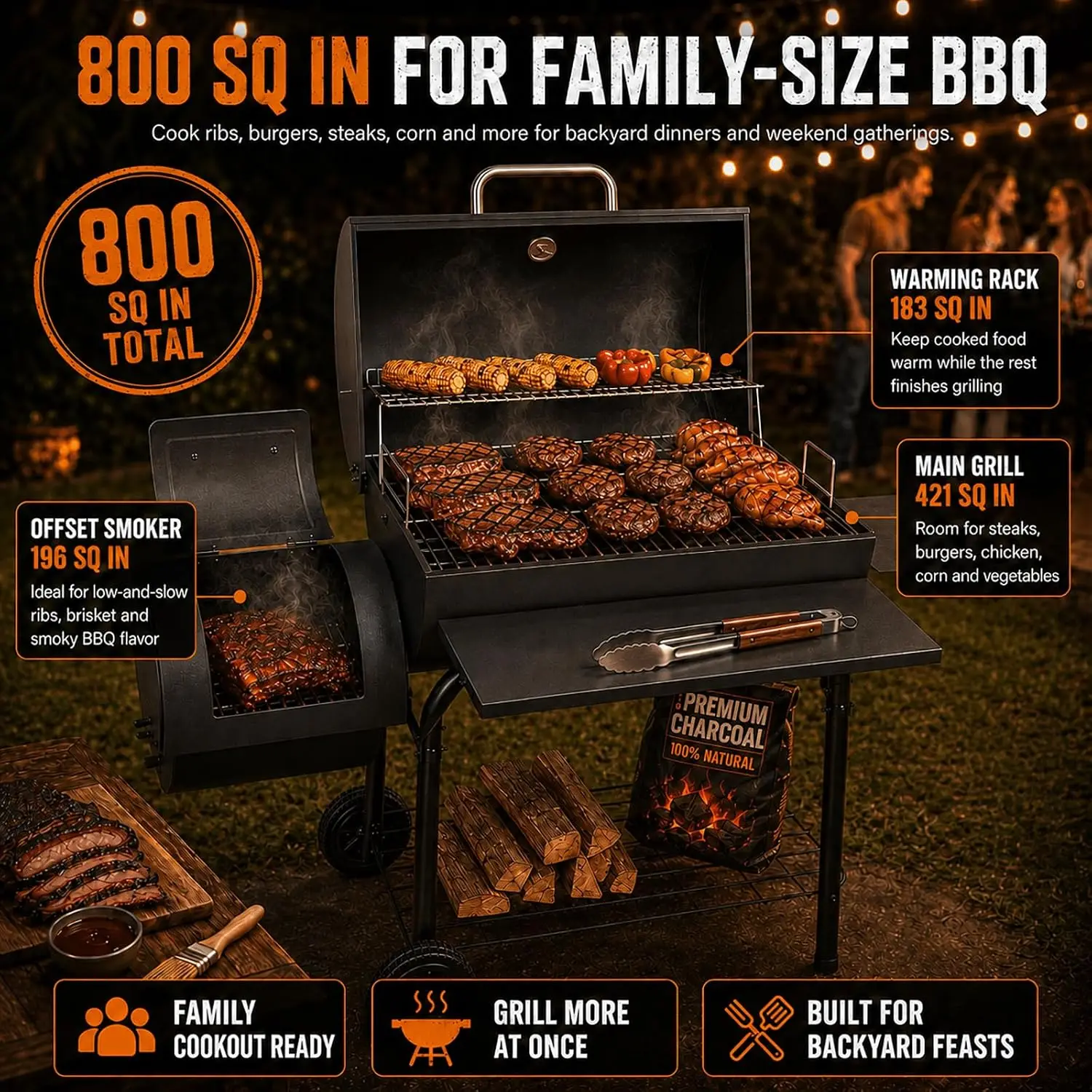 Barrel Style Charcoal Grill with Offset Smoker, 800 Sq. In Large Cooking Area BBQ Smoker Combo for Backyard Barbecues Weekend Gatherings