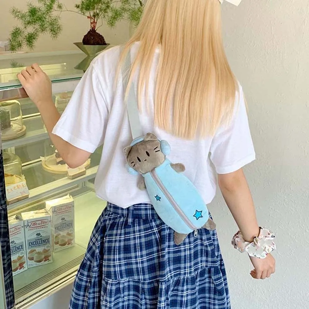 Сумка для ручек, милая сумка через плечо с изображением кота, синий кошелек, сумка через плечо с героями мультфильмов, большая вместительная портативная плюшевая сумка для канцелярских принадлежностей для девочек