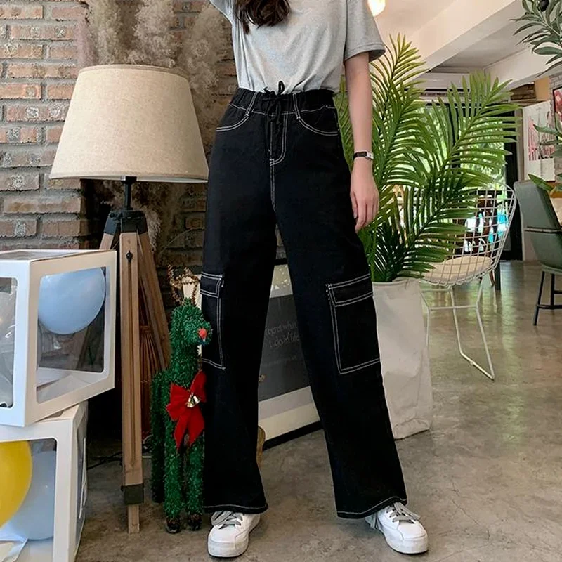 Jeans in vita elastica Donna Popolare più spesso caldo alla moda Street Baggy Pantaloni in denim a gamba larga Fidanzato Tasche estetiche Design Ins