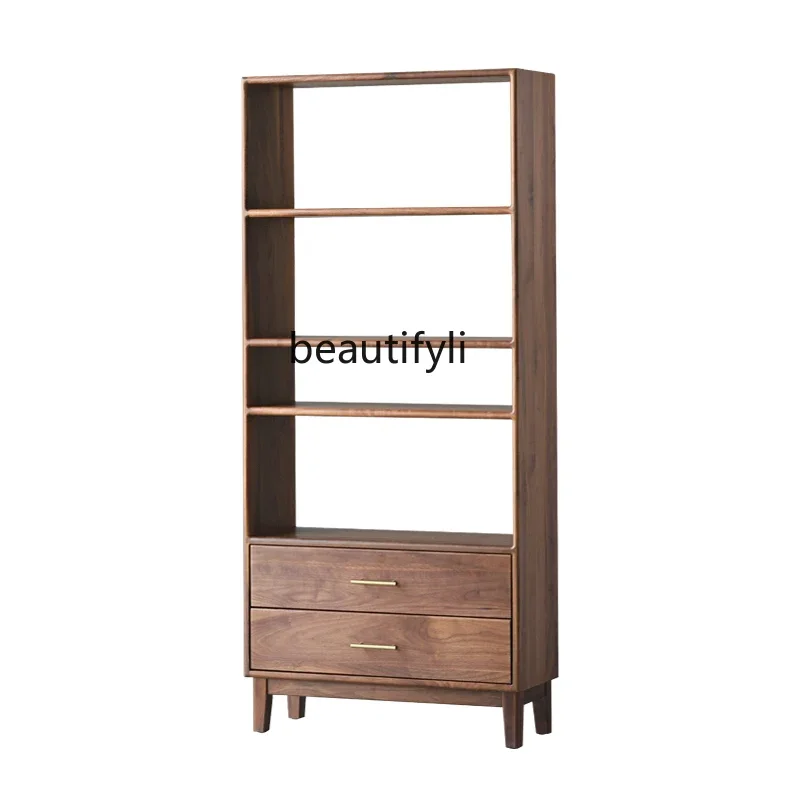 

Black walnut bookshelf combination Nordic modern simple combination shelf with drawers