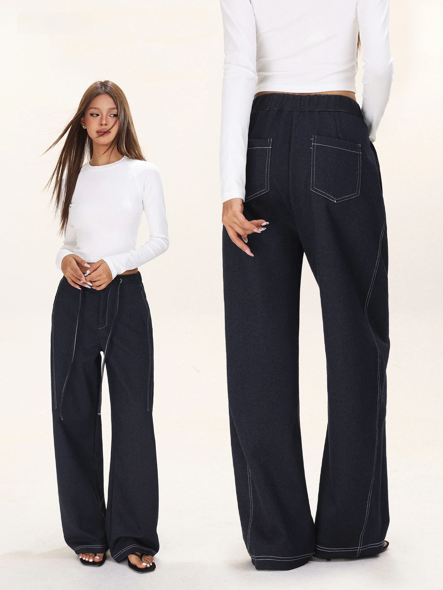 

Loose Wide Leg Straight Leg Jeans Women's Spring Autumn Loose Drawstring High Waist Blue Jeans Casual Straight Leg Trousers