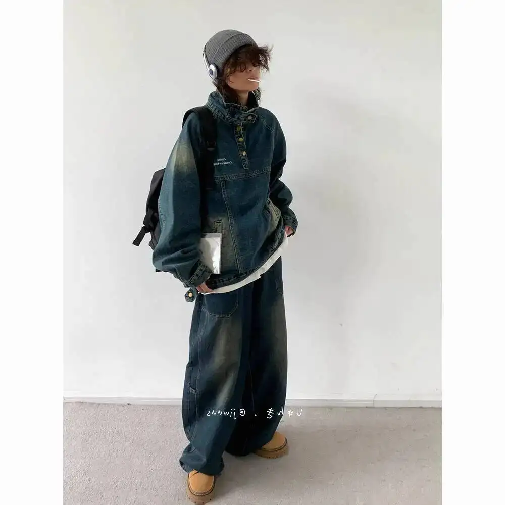 

Man Women Denim Jacket Coat 2025 Autumn Retro Japanese Street Denim Jacket Unisex Half High CollarCasual Loose Cargo Outerwear
