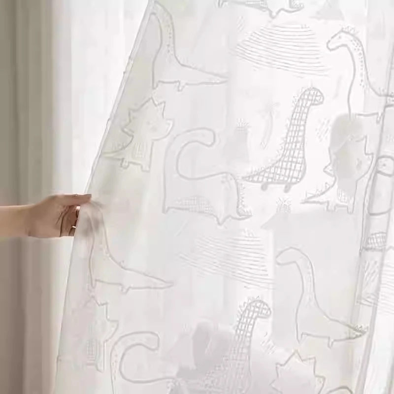 Nordic White 3D Velvet Cartoon Animals Dinosaur Tulle Drapes, Children's Room Bedroom Bay Window Semi Transparent Sheer Curtains