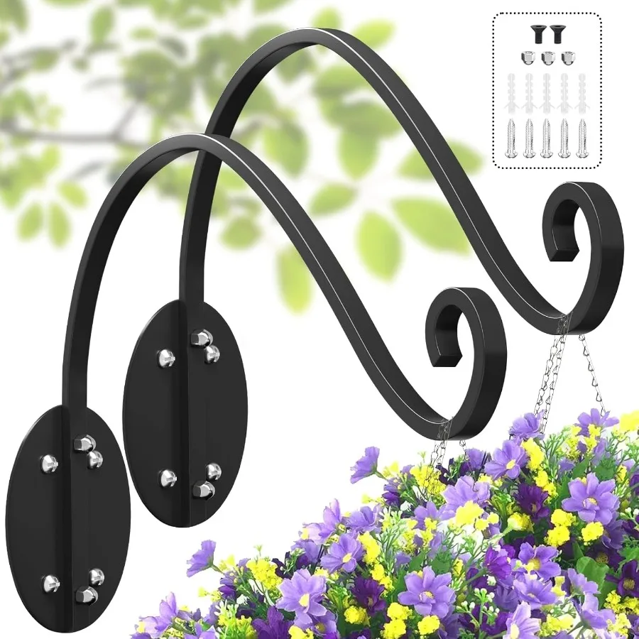 

2 Pack Plant Hangers Outdoor 16 Inch Hanging Plant Hooks and Bird Feeder Hanger HandForged Plant Wall Hanger Metal Black Plant