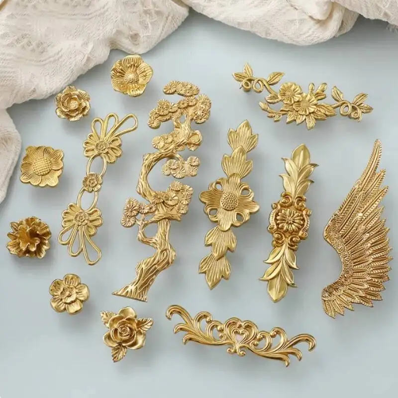 

Gold Furnitue Handle And Knob Full Brass Wardrobe Knobs Single Hole Flower Tree Drawer Cupboard Door Handles Pulls Diy
