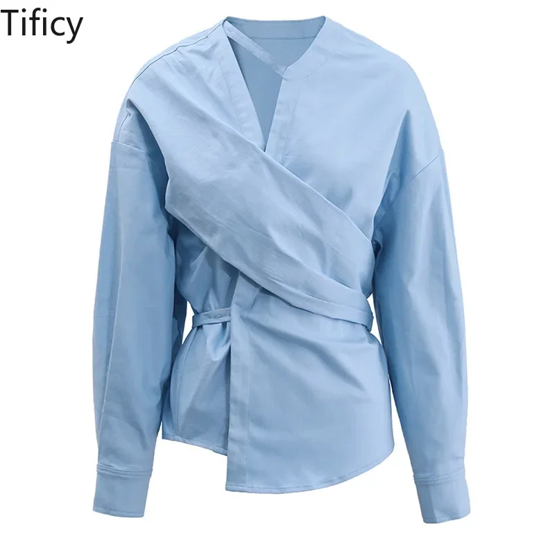 

TIFICY French Cross Tie Waist Cinched Shirt Women Spring and Autumn Deconstructing Irregular Temperament Long Sleeved blouses