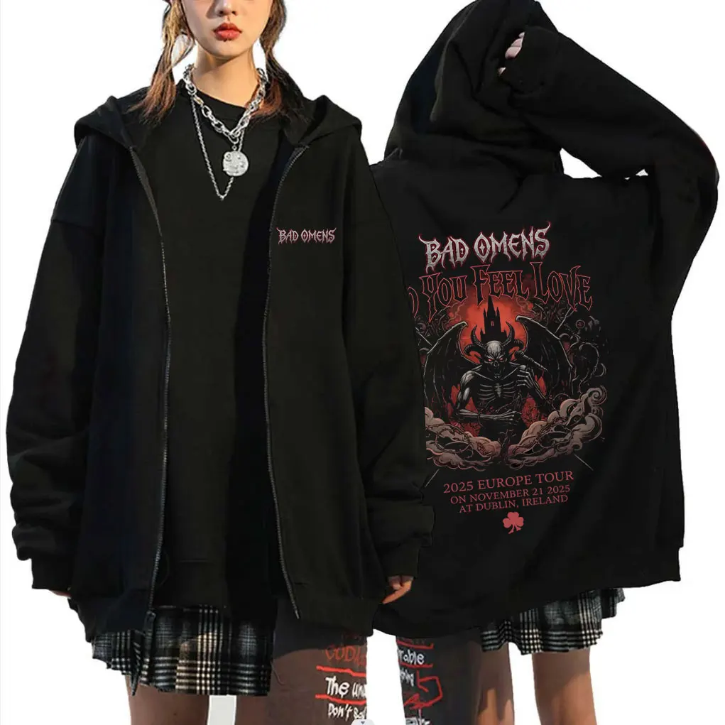 

Rock Band Bad Omens Do You Feel Love 2025 Europe Tour Zipper Hoodie Skeleton Streetwear Men Women Casual Oversized Zip Up Jacket