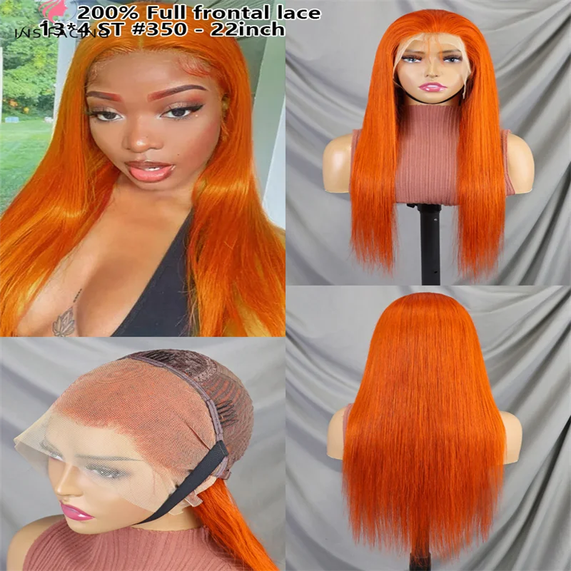 13x4 200 densidade renda transparente em linha reta laranja gengibre perucas dianteiras do laço cabelo humano 350 colorido perucas frontais brasileiras para mulher