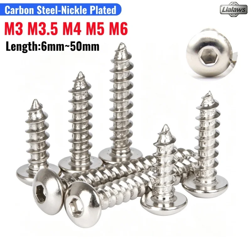 Button Head Hex Socket Self Tapping Screw Carbon Steel Nickle Plated Allen Round Head Wood Screws M3 M3.5 M4 M5 M6