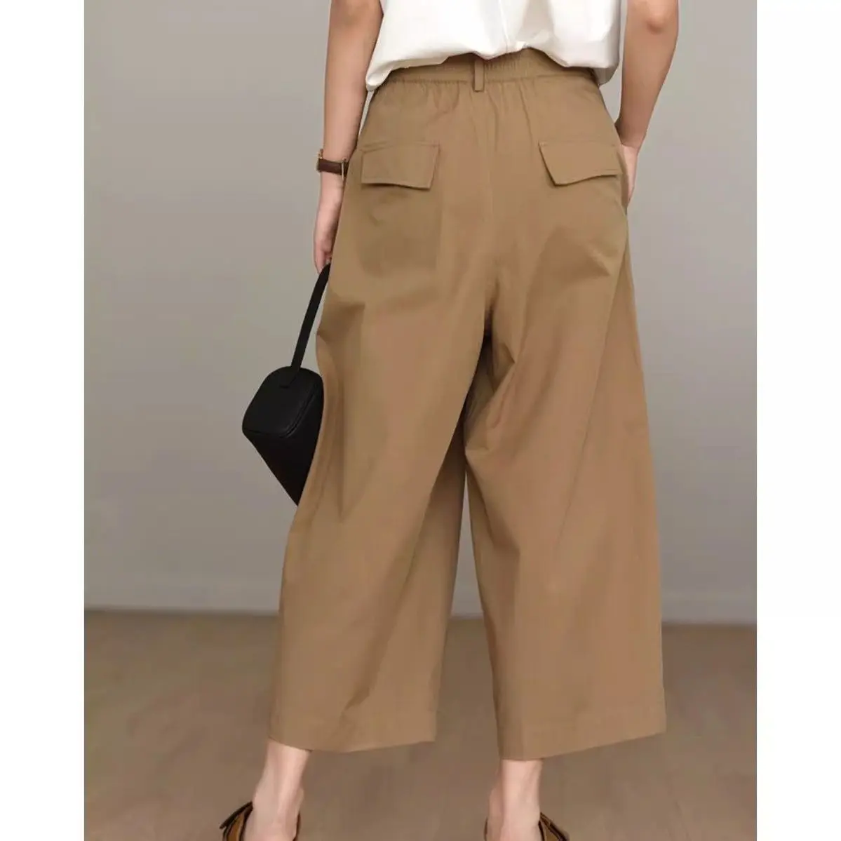 Calças de trabalho de perna larga femininas verão solto versátil calças casuais cintura alta nove centes calças