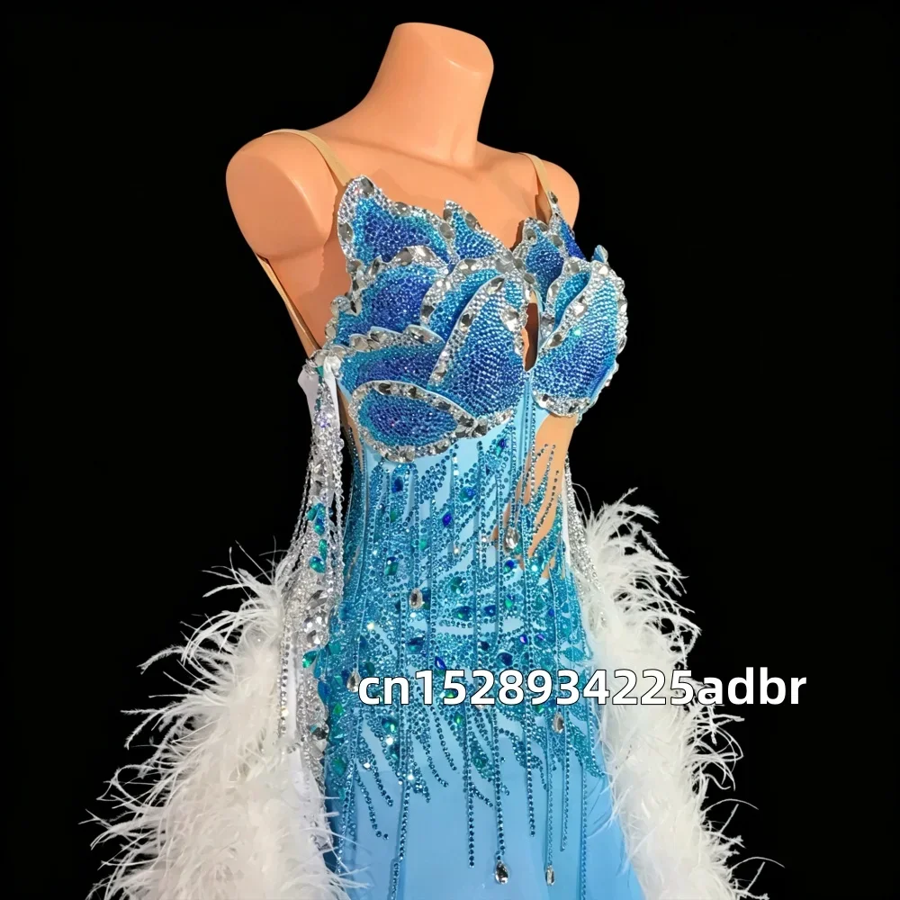New Latin Dance Dress Costume AB Stone Female Adult Children High-End Custom Gradient Blue Modern Skirt Samba Performance Dress