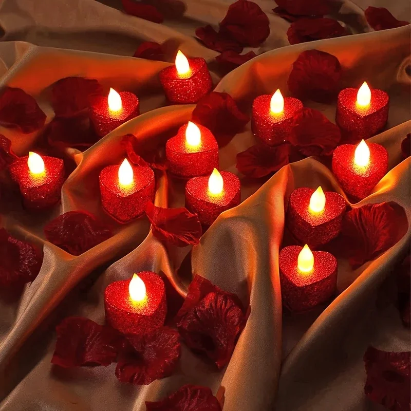 1/6/12/24pcs Heart-Shaped Electronic Candle Lights LED Candles, Heart-Shaped Light Candles Decoration Wedding Decor, Party Decor