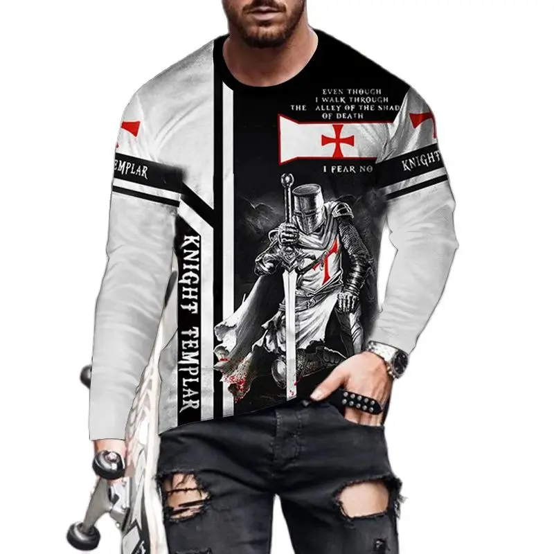 Crusader Knights Printed Long Sleeve T-shirts Hip Hop Trend Vintage Clothes Fashion Cotton O-neck Tops Oversized T Shirt For Men