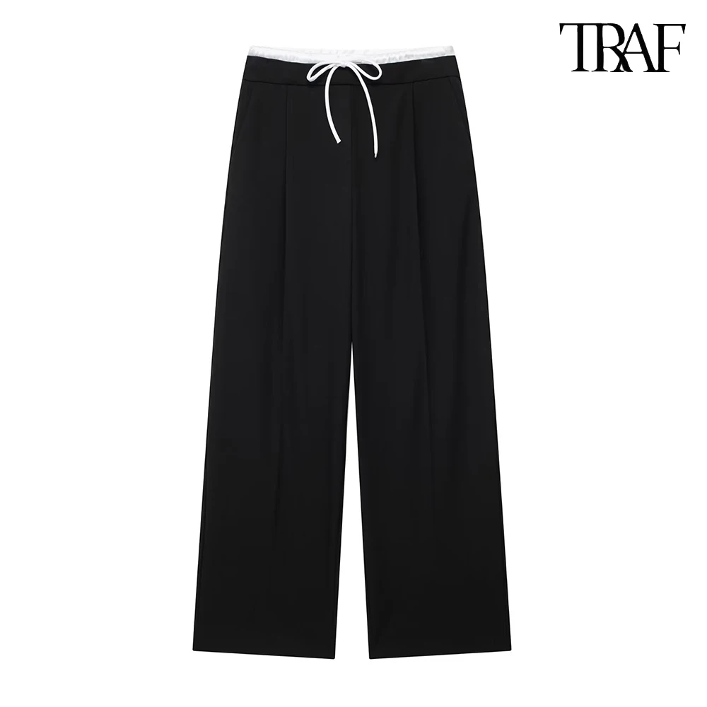 

TRAF Women's Fashion Solid Colour Tie Side Zip Straight Leg Pants Retro High Elastic Waist New Street Shoot Wide Leg Pants