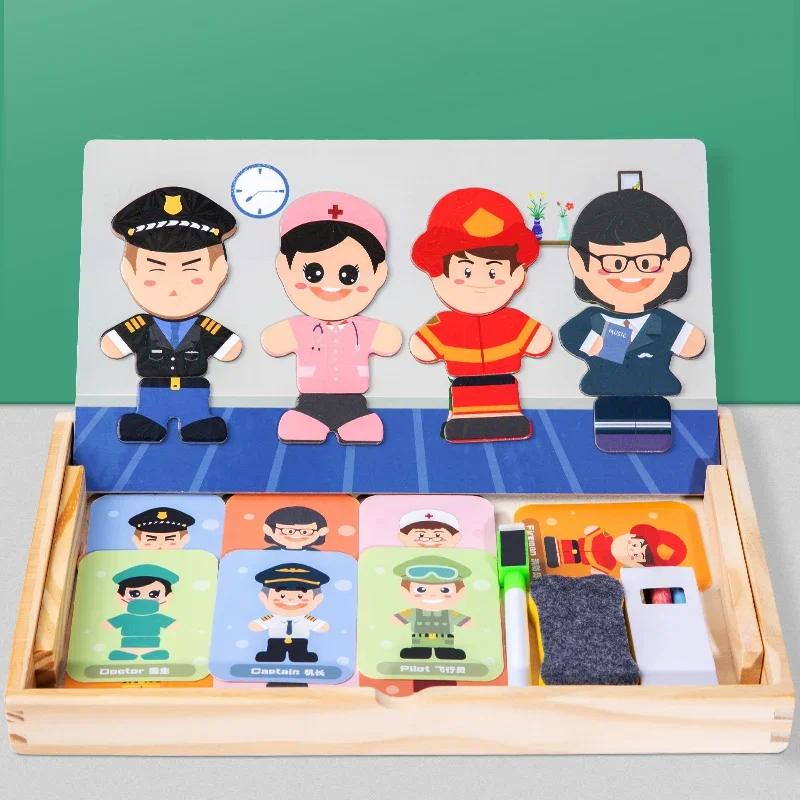 Kinder Holzspielzeug Magnetischer Charakter Karriere Kognitives Puzzle Multifunktions-Brettspiele Lernspielzeug Geschenke für Kinder