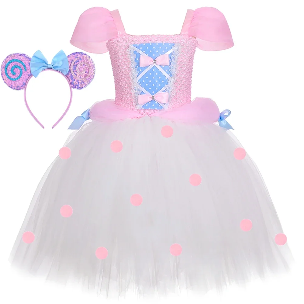 Toy Bo Peep Costume for Girls Birthday Party Dresses Pink Shepherdess Tutu Princess Dress Halloween Costume for Kids Clothes