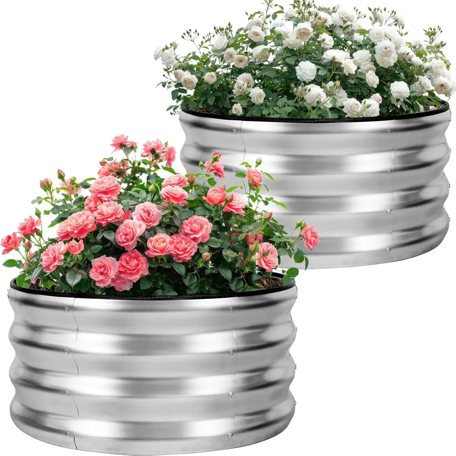 

Galvanized Raised Garden Bed- 2Pcs Metal Planter Boxes Outdoor | 12" Tall 24" Round Steel Raised Bed Kit & Fire Pit Ring