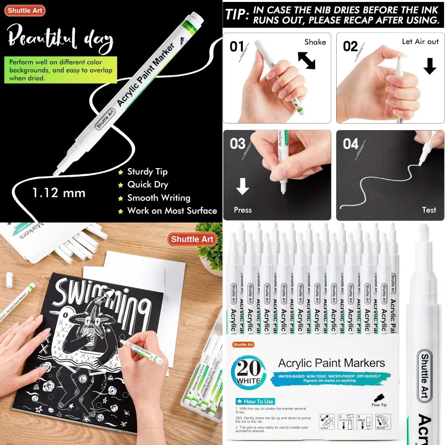 

Ручки Shuttle Art с белой краской, 20 шт., акриловые ручки с тонким наконечником, быстросохнущие маркеры на водной основе, идеально подходящие для творческих проектов на скалах Wo