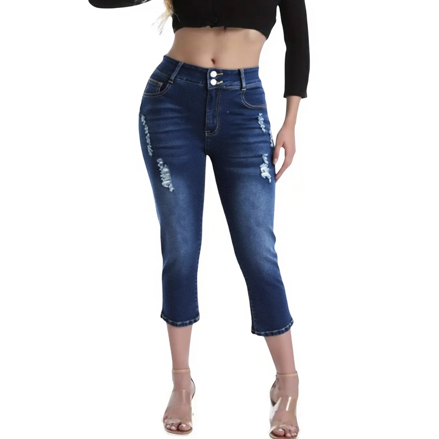 European and American Elastic High-waisted Pocket Decoration Slim-fitting Large-size Flanged Denim Cropped Pants for Women