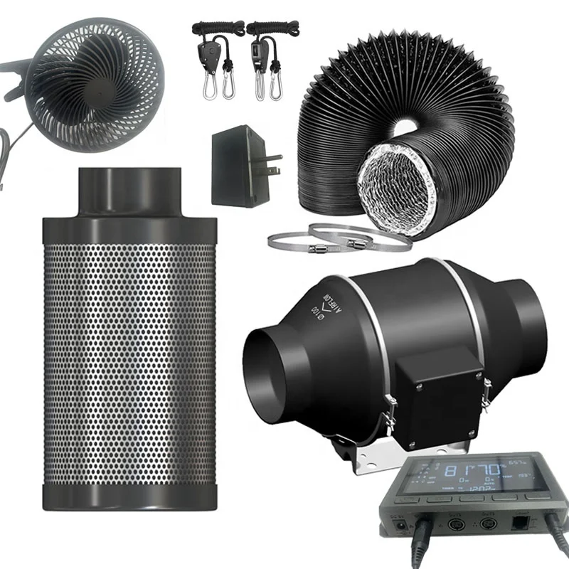 Multifunction Controller Complete Air Filtration Kit 4 Inch Ventilation Duct Fan with Carbon Filter Tube for Planting Tents