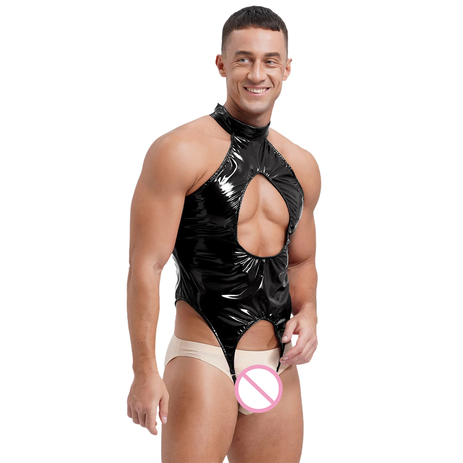 Mens Lingerie Latex Catsuit Wetlook Patent Leather Bodysuit One-piece Tempting Cut Out Crotchless Leotard Bodysuit Underwear