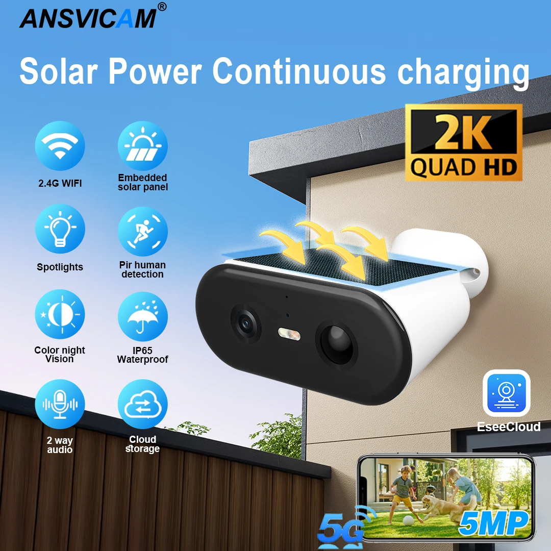 

2K Solar Security Camera WIFI Wireless 2.4/5GHz DualBand Outdoor Camera IP65 Waterproof AI PIR Motion Surveillance Battery Cam