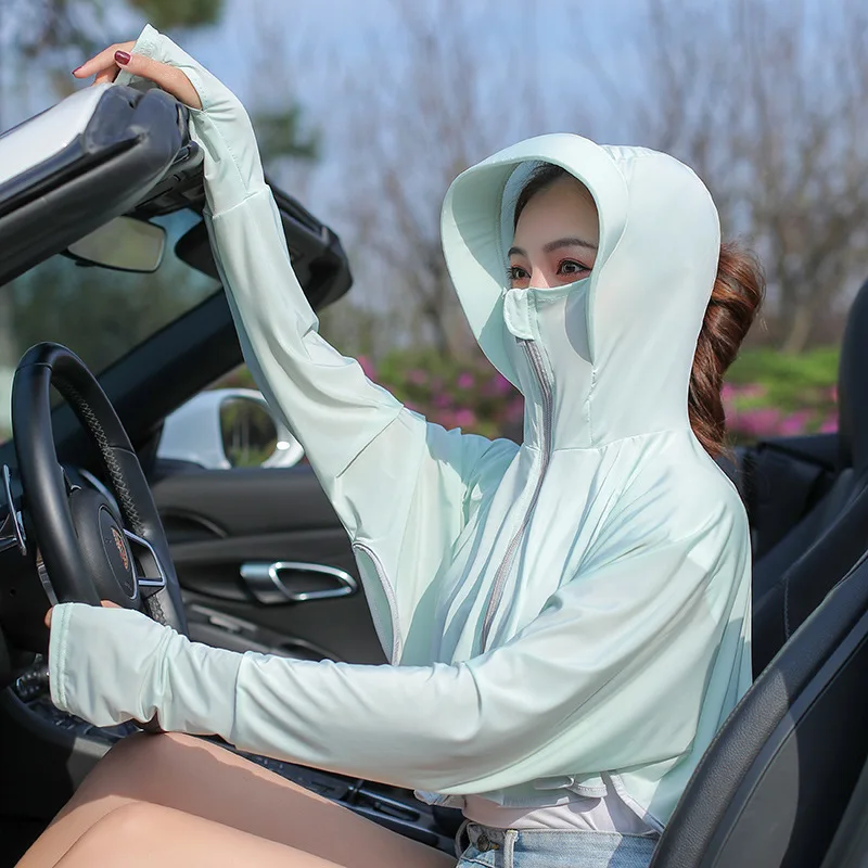 เสื้อคลุมกันแดดป้องกันรังสียูวีสูงพร้อมรูนิ้วหัวแม่มือ ซิปดีไซน์สำหรับฤดูร้อน มีฮู้ด แขนยาว สำหรับกิจกรรมกลางแจ้ง