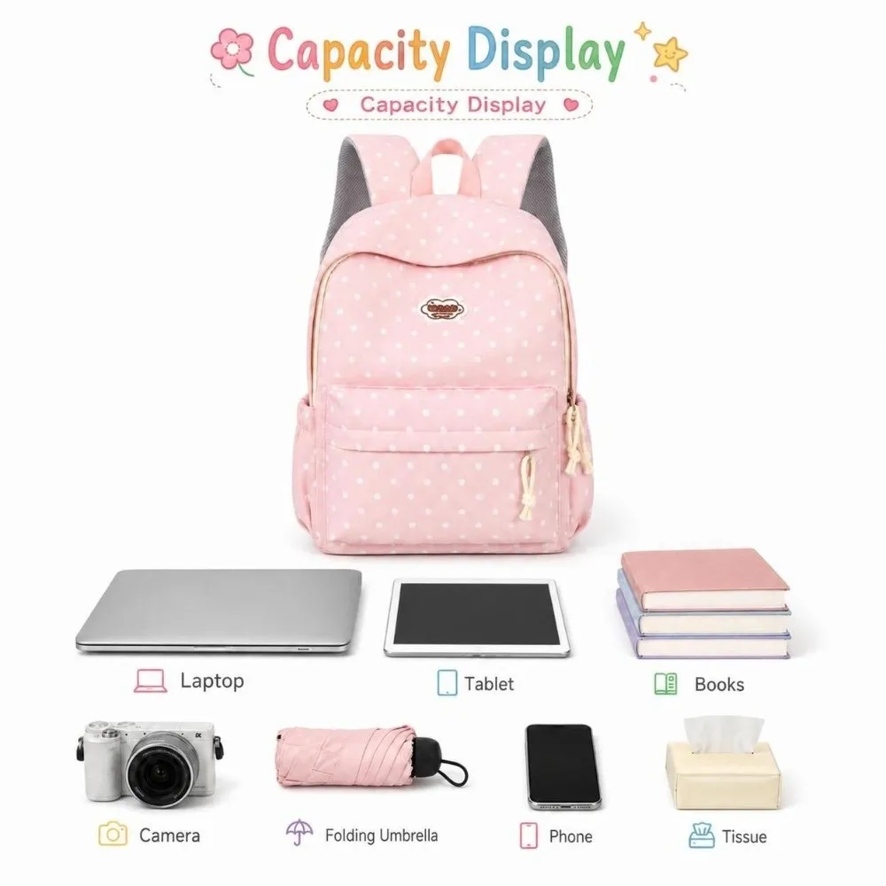 Sweet Nylon Student Backpack Lightweight Multi Pocket Travel Rucksack Polka Dot Large Capacity School Bag for Students Girls