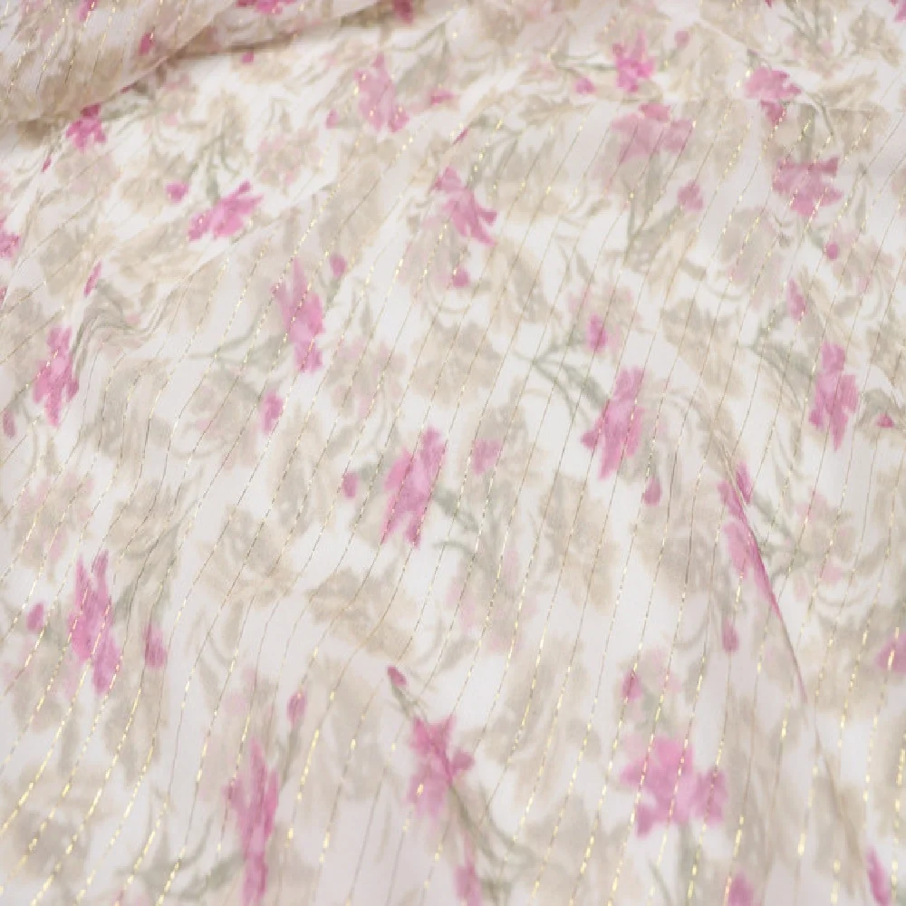 Elegant Beautiful Flowers Silk Crepe Chiffon Metallic Fabric Gold Line Crinkle Chiffon for Lady Saree Dress Shirt Suit