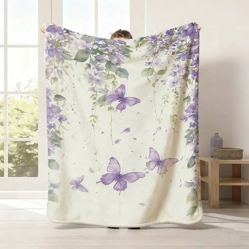

Watercolor Purple Butterfly & Wisteria Throw Blanket, Soft Cozy Flannel Blanket for Couch Sofa Bed, Nature & Floral Lover Gift