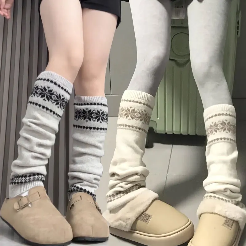 White Korean Women's Socks Autumn Winter Pile Sock Thick Thread Knitted Snowflake Slimming Warm Gray Calf Cover