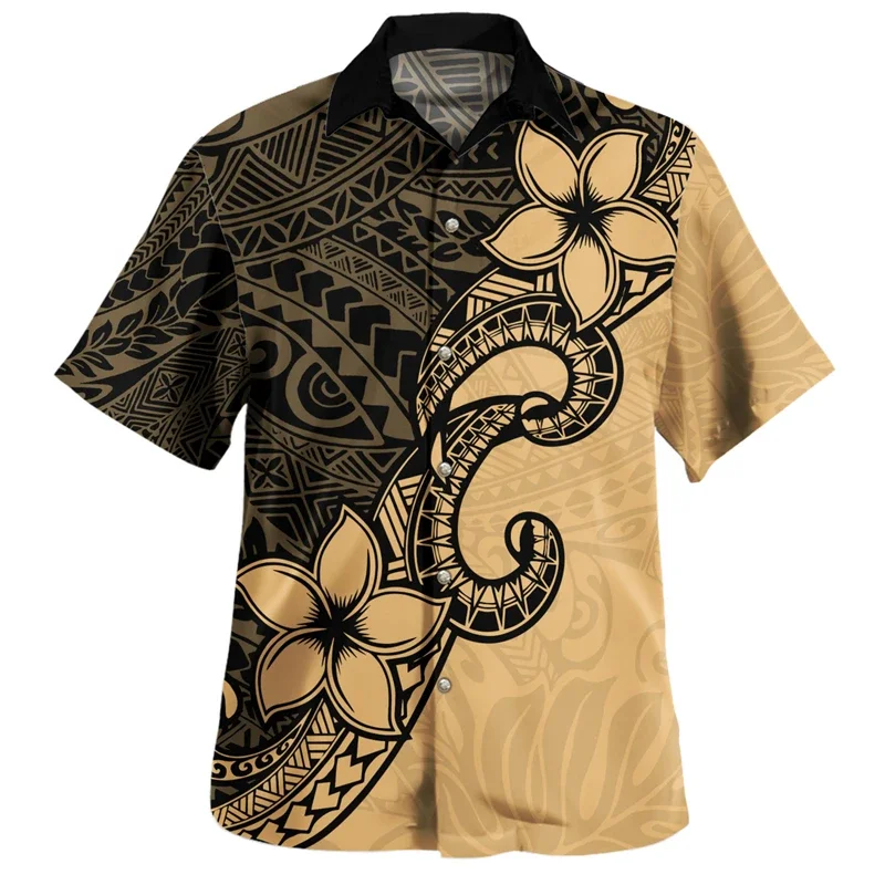 

Polynesia Mens Shirts Turn-Down Collar Shirt Samoan Tribal Ethnic Men's Vintage 3D Tops Shirt Hawaiian Casual Short Sleeve Tees