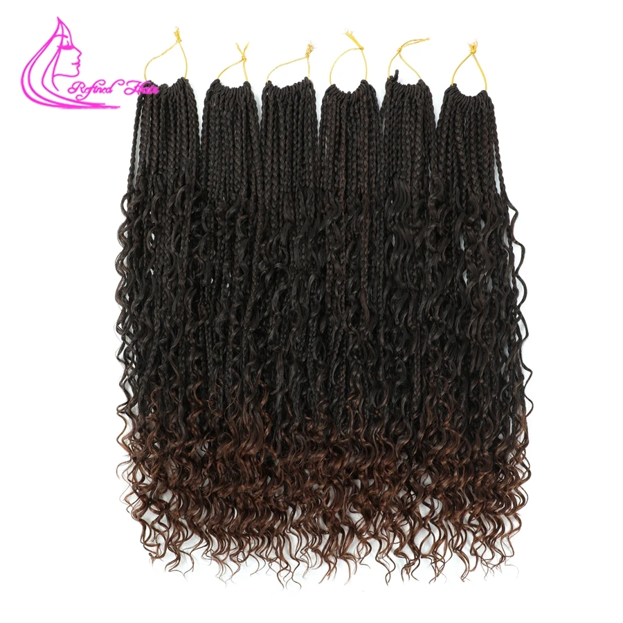 Synthetic Crochet Box Braids With Curly Ends Boho Box Braids Pre Stretched Braiding Hair Extensions For Black Woman ombre brown