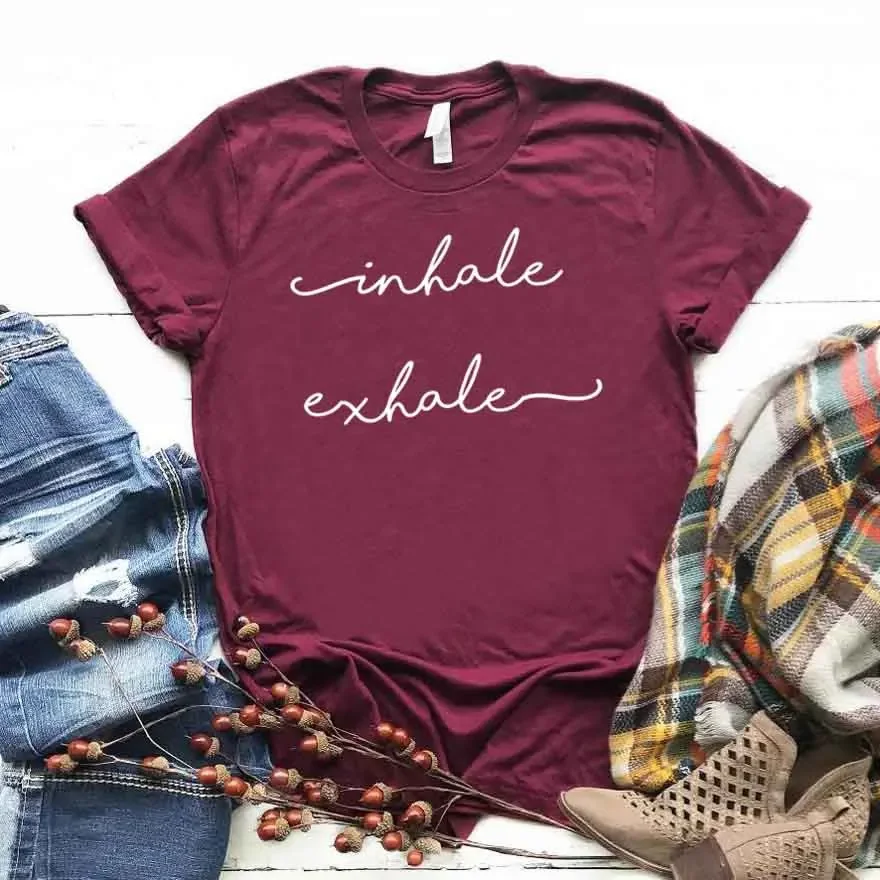 Inhale Exhale Print Women Tshirt Cotton Hipster Letter Regular Comfortable Tops Simple Loose Comfortable Skin-Friendly Tees