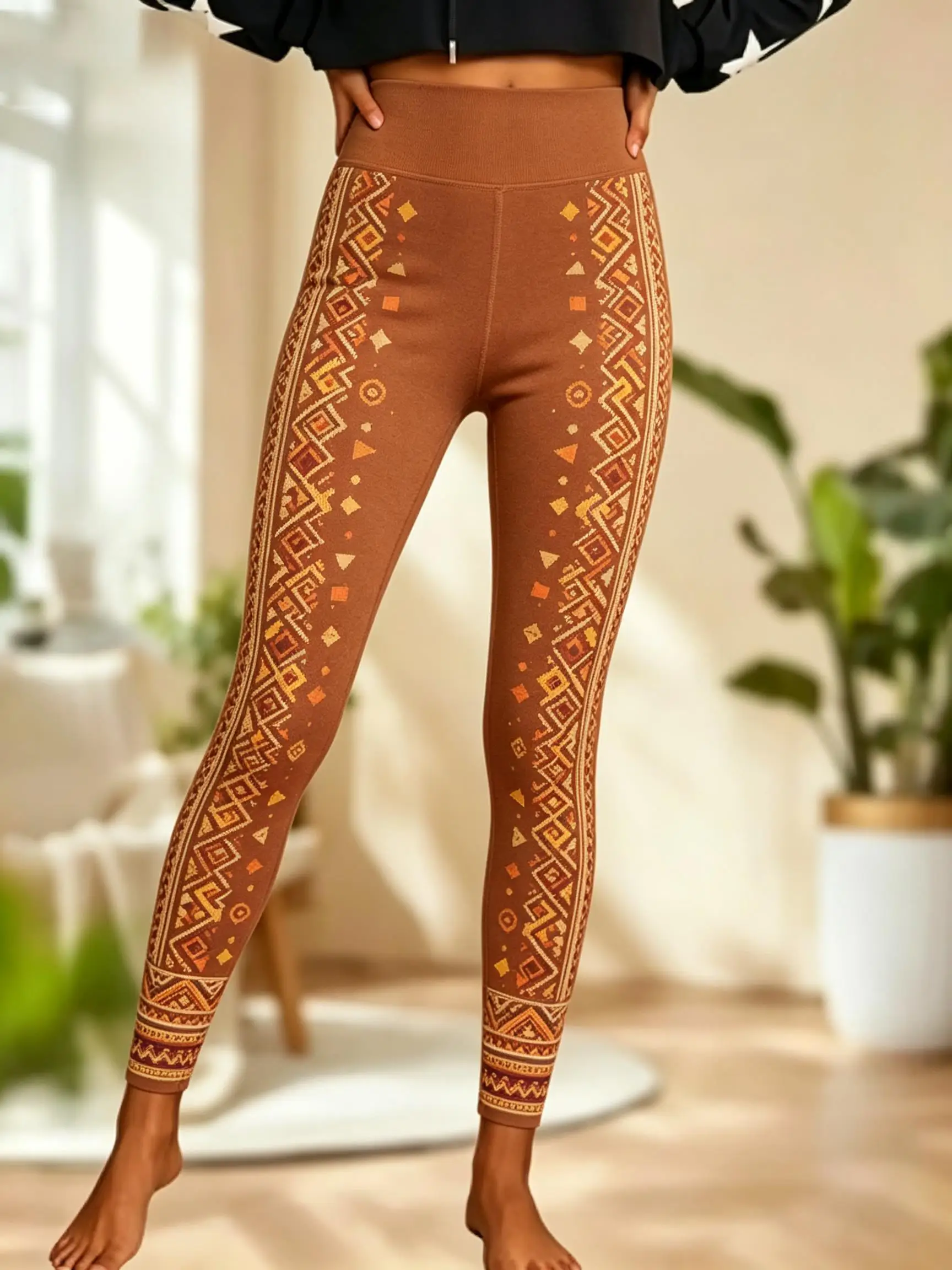 Women Fleece‑lined Mid‑rise Leggings Side Aztec Diamond Square Geometric Border Print Slim Stretch Winter Casual Pants