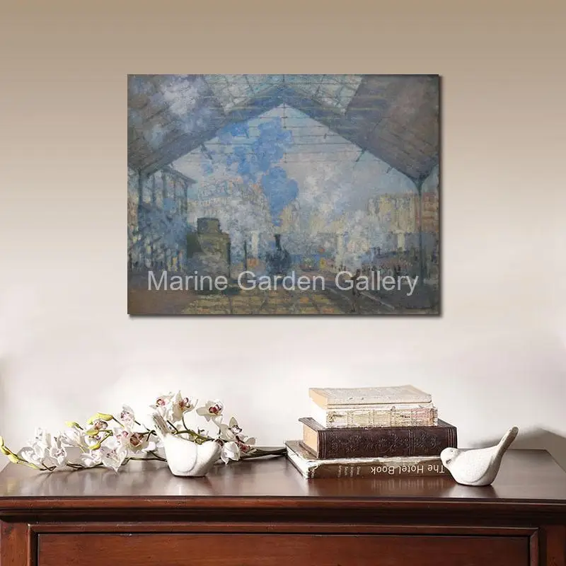 Handmade Modern Contemporary Canvas Claude Monet Artwork Gare Saint Lazare Oil Painting Masterpiece Large Library Wall Decor