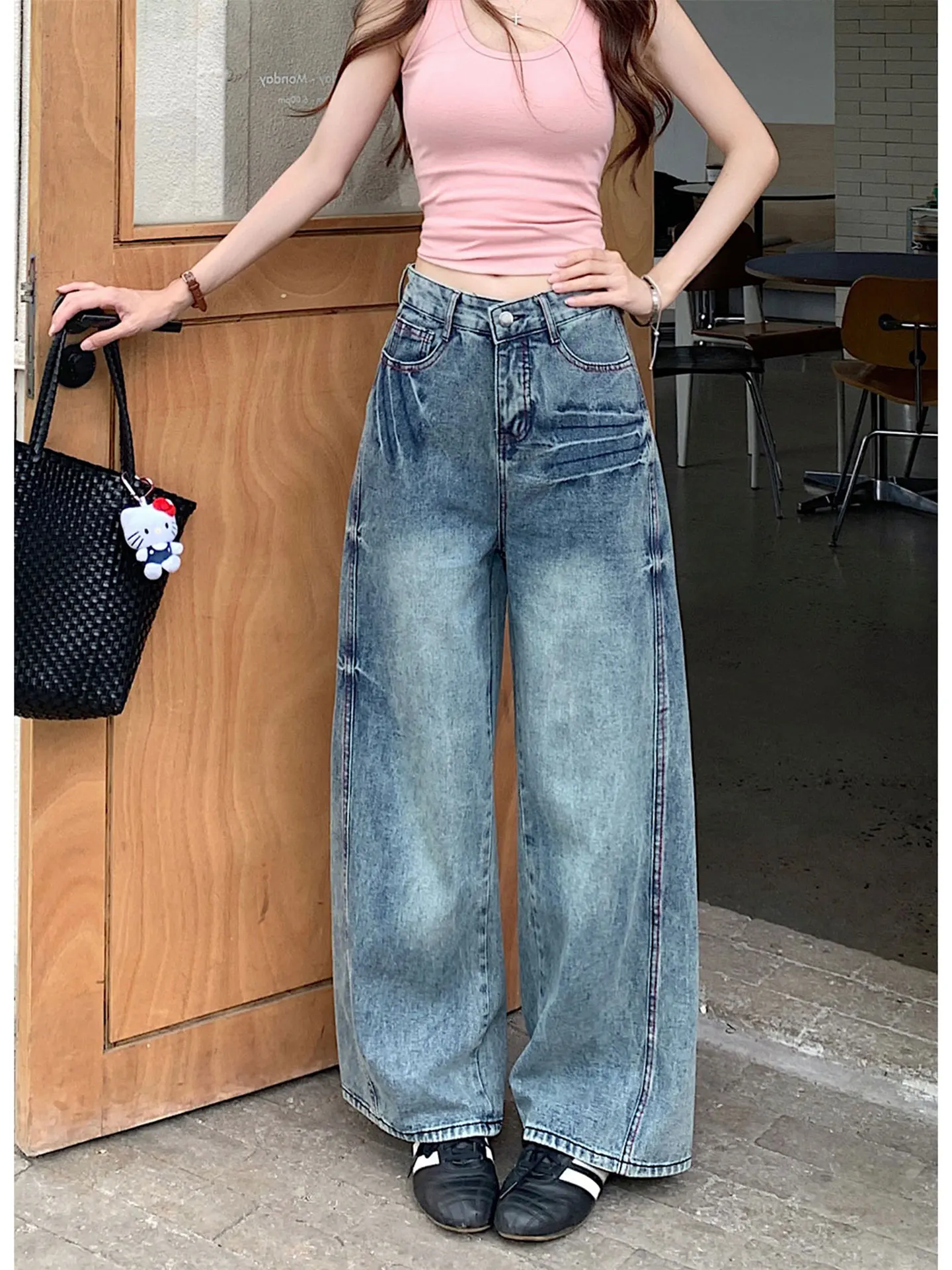 

American High Street Washed Ripped White Wide Leg Jeans Women Summer Small Size Elegant High Waist Knife Long Pants