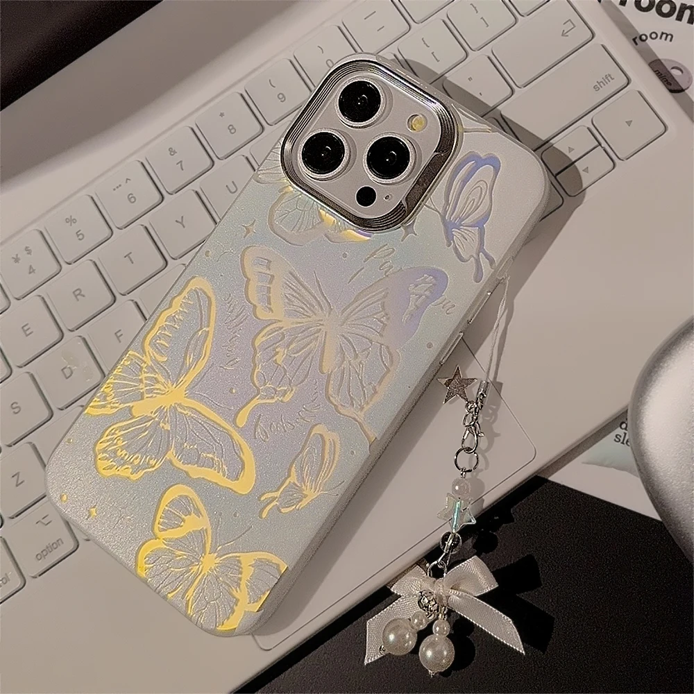 Deluxe Laser Butterfly Phone Case for iPhone 15 14 Plus 13 12 Pro Max 11 Laser Bumper Protector Case with Lanyard Case