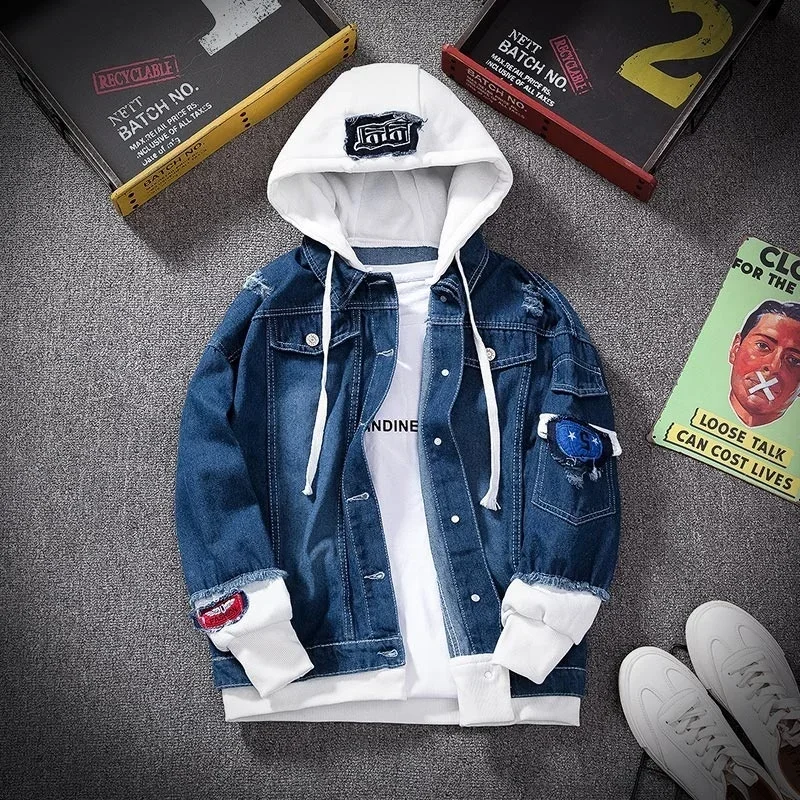 

Fashion Slim Fit Coat Suit Jackets Customizable Men Denim Jacket Streetwear Hip Hop Hooded Jean Male Casual Loose Outerwear