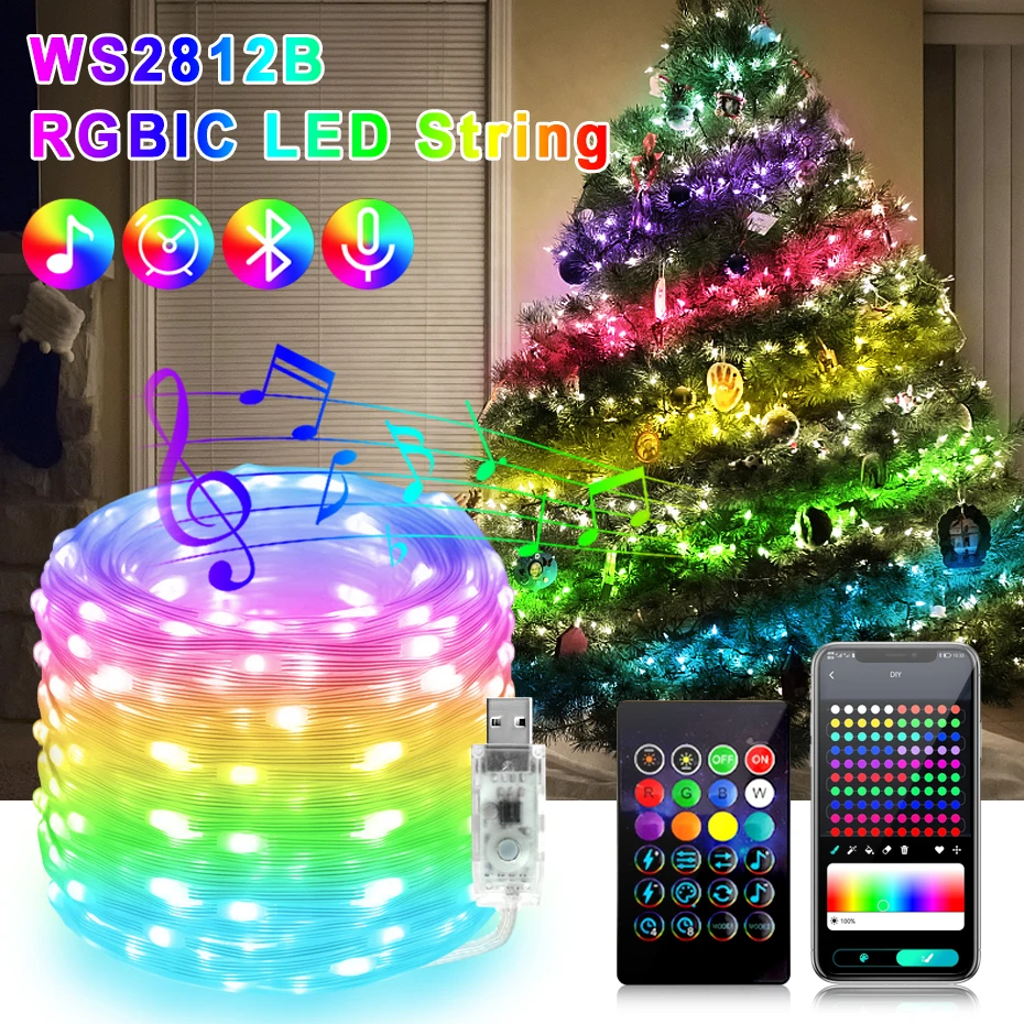 

DC5V Christmas Dreamcolor LED String Lights Bluetooth Music WS2812B RGBIC Rainbow Fairy Lights for Room DIY Decoration 1-50M