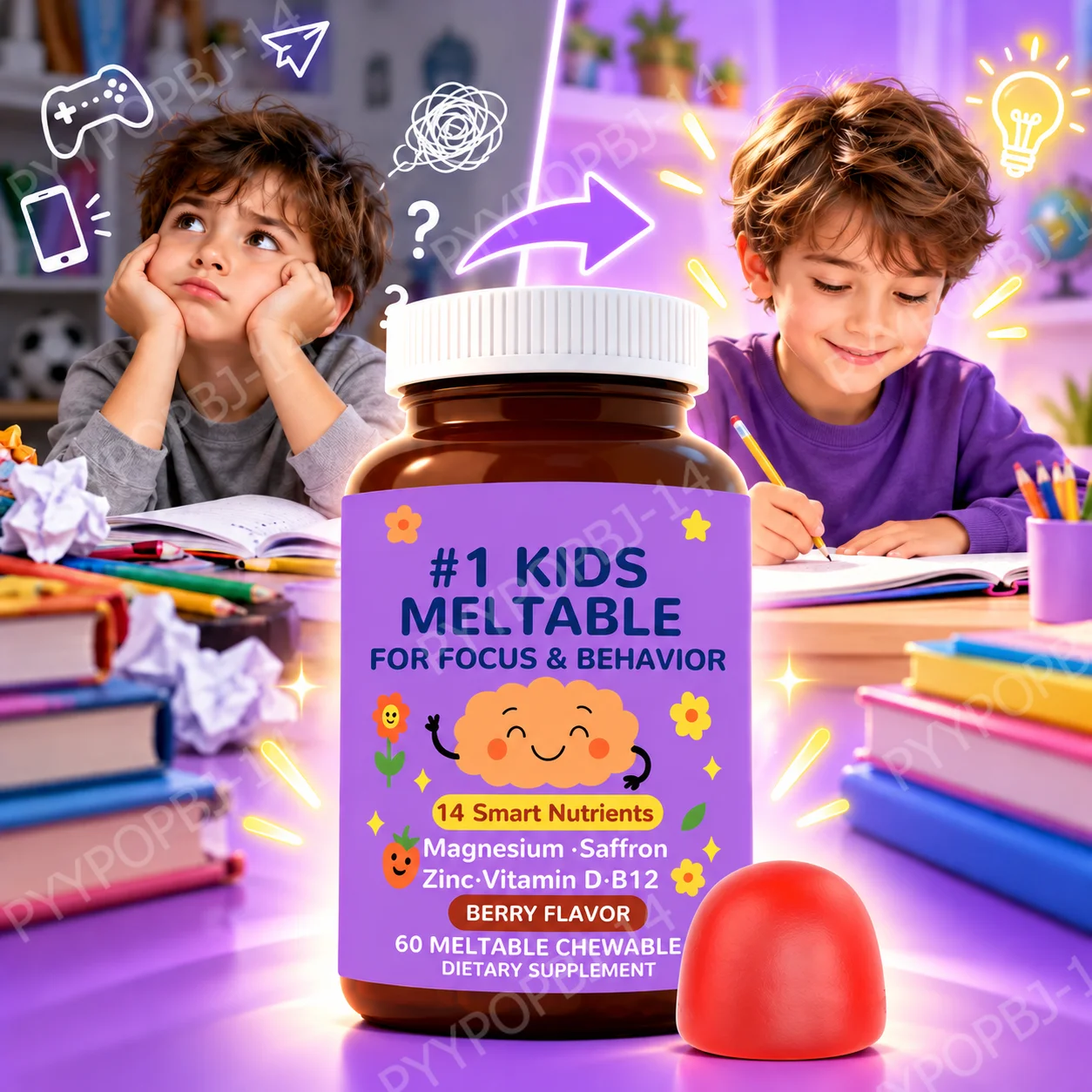 Kids Meltable Chewables,Support Focus & Behavior,Boost Cognitive Vitality,Maintain Attention During Study,Magnesium,Saffron 60Ct