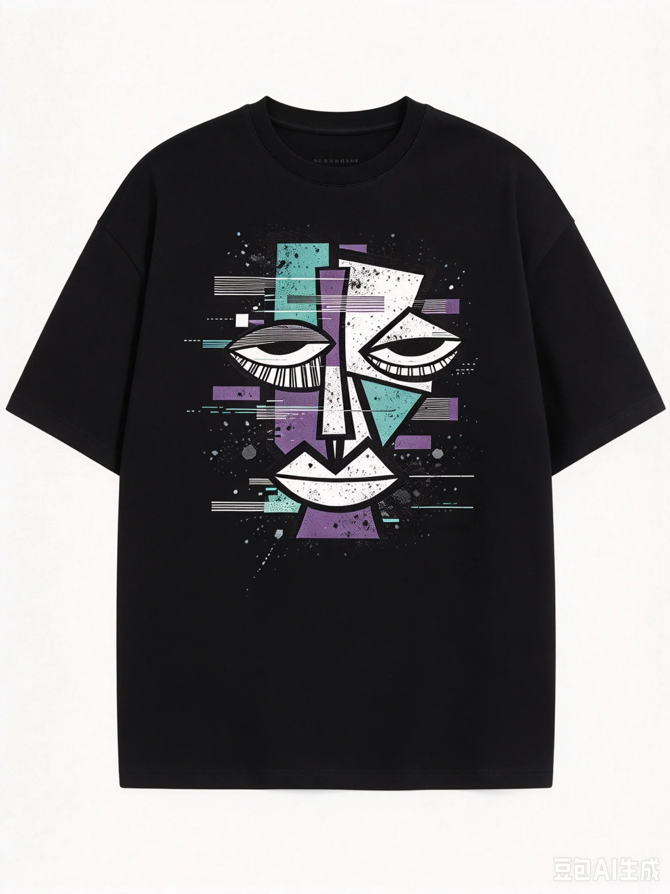 Streetwear Abstract Geometric Face Print Men T‑Shirt Cubism Art Casual Loose Tops